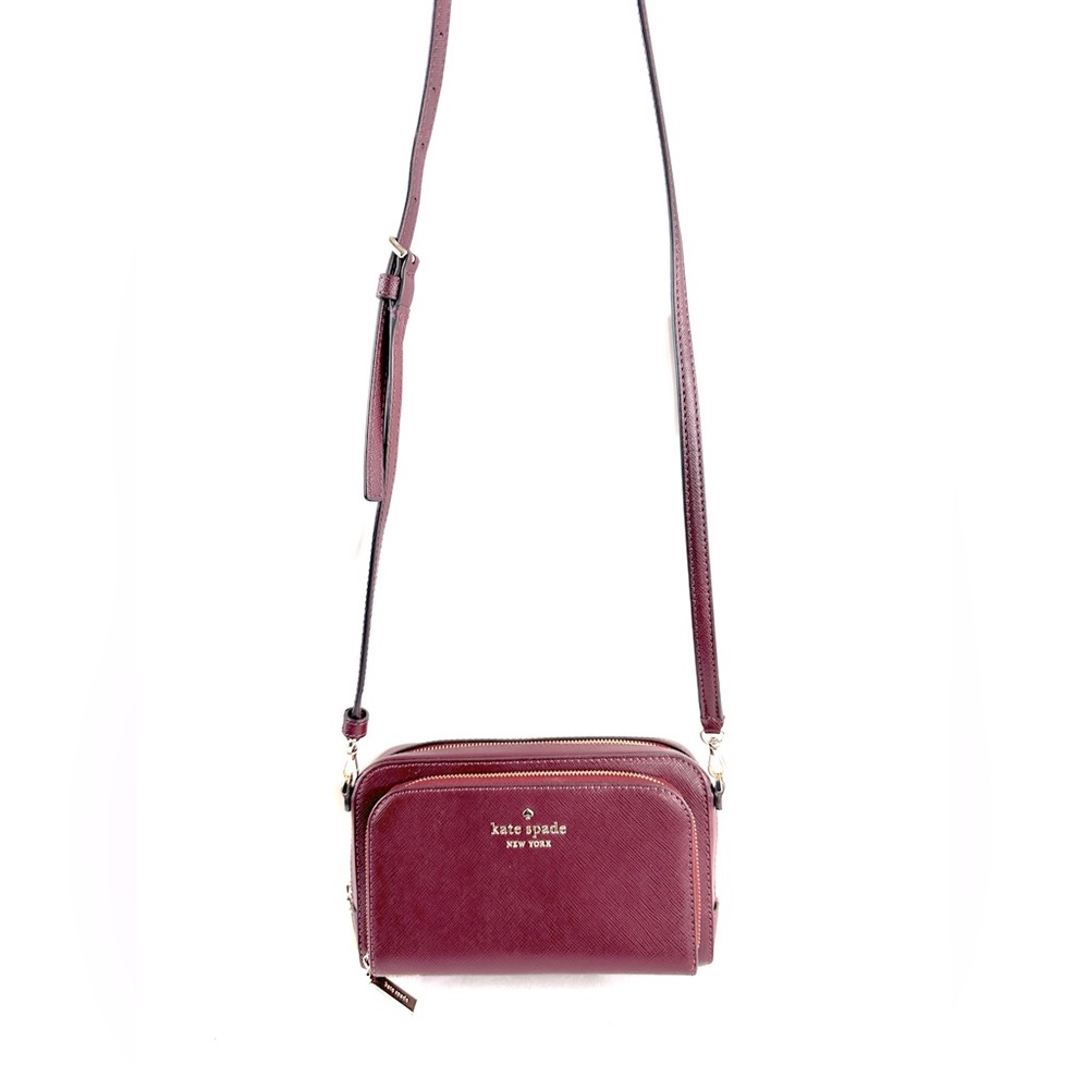 Kate Spade Wine Maroon Saffiano Leather Mini Crossbody Shoulder Bag Brass